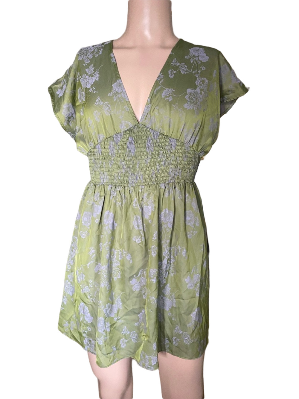 Cider Olive Green Floral V-Neck Smocked Mini Dress